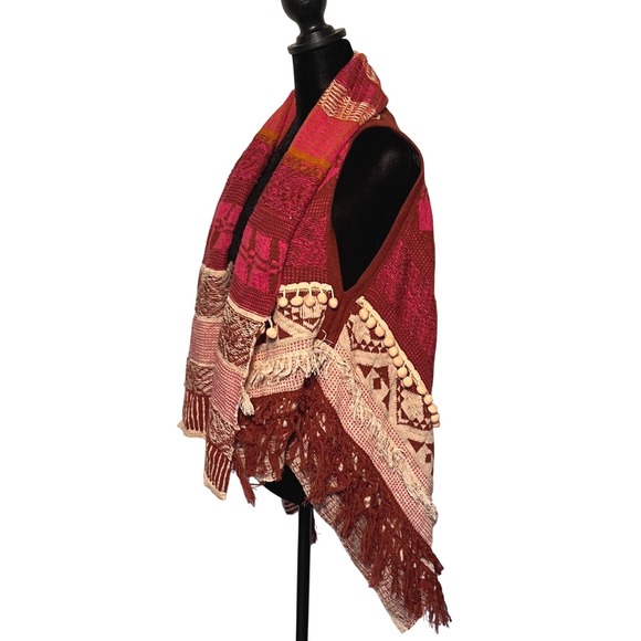 MOTH Anthropologie Durango Patchwork Knit Vest Cardigan Boho Fringe Pom Pom XS S - Picture 4 of 7